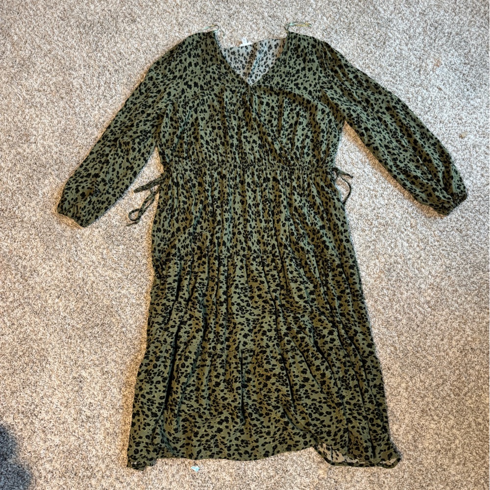 Chic Olive Leopard Print Faux Wrap Dress